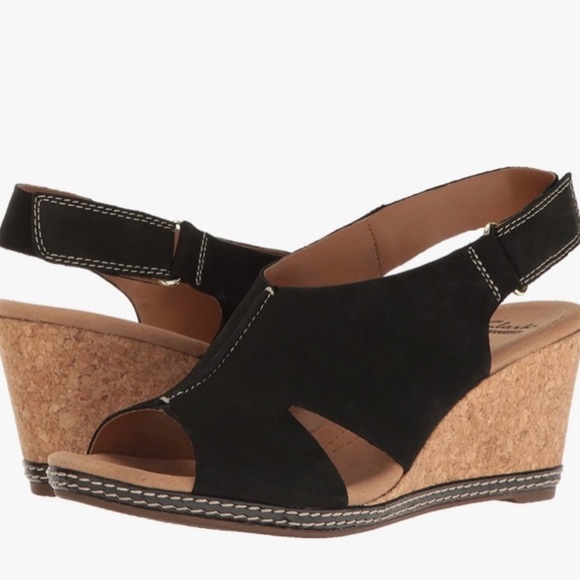 Women’s CLARKS Helio Float Nubuck Black Slingback Wedges Sandals Shoes - Picture 2 of 7